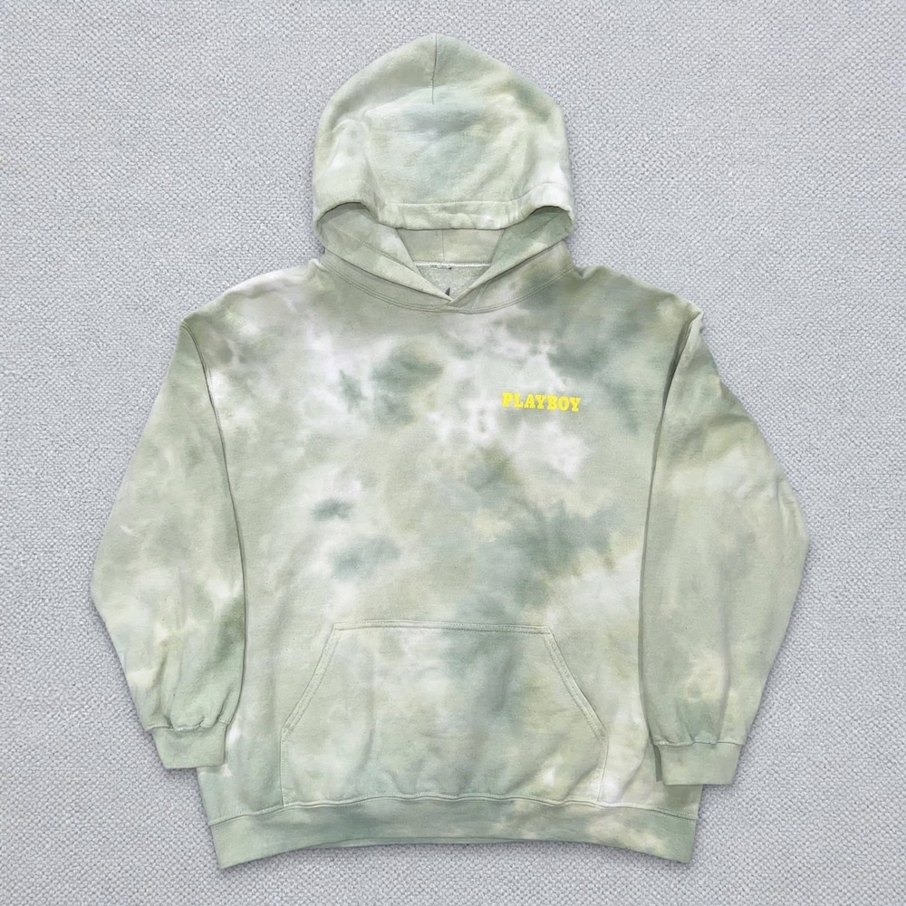 Playboy Hoodie L Butterfly Pinup Back Print Green Tie Dye August 1967 Pullover - Picture 2 of 5
